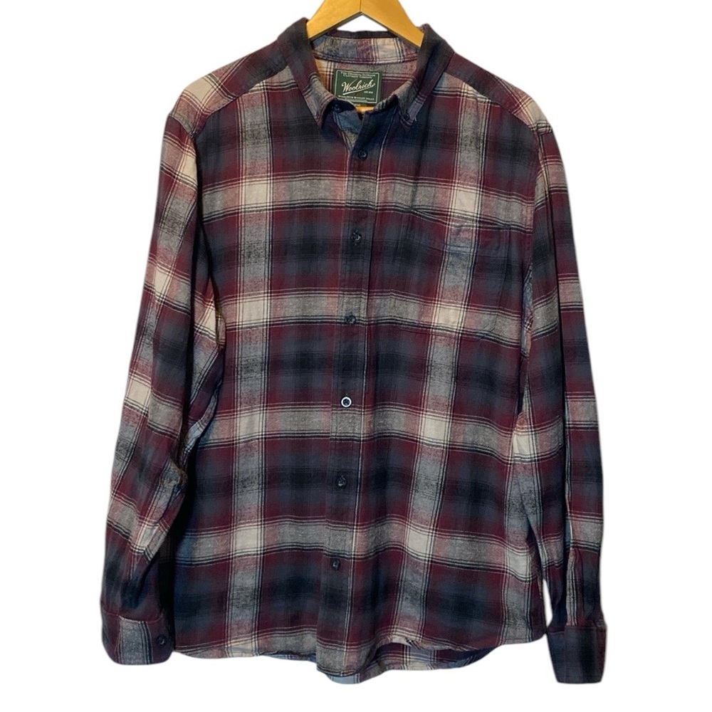 Woolrich Flannel Shirt Men’s Large Purple Gray Plaid Long Sleeve Button Down Top
